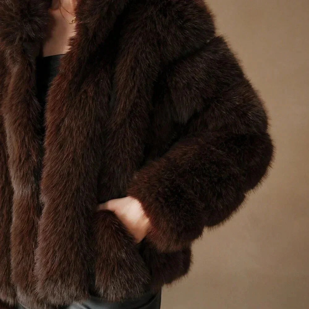 Coffee Brown Casual Women's Faux Fox Fur Coat - Picture 4 of 7